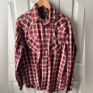 Lucky Brand Dungarees by Gene‎ Montesano Red Plaid Pearl Snap Western Shirt SZ M